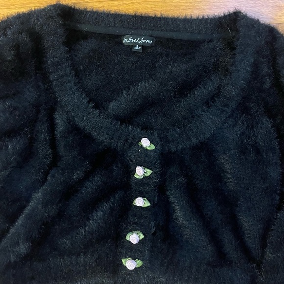 For Love and Lemons black fluffy cropped Anastasia cardigan w/pink rose details - Picture 5 of 8